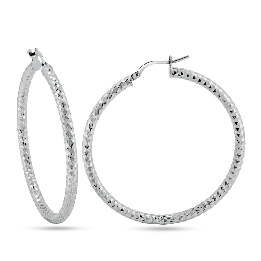 925 Sterling Silver Silver Diamond Cut 3mm Textured Hoop Earrings - ARE00037RH | ARE00037GP