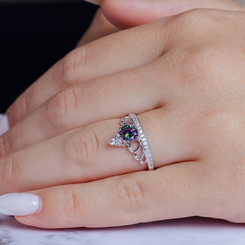 Rhodium Plated 925 Sterling Silver Crown Synthetic Mystic Topaz CZ Ring - BGR01267