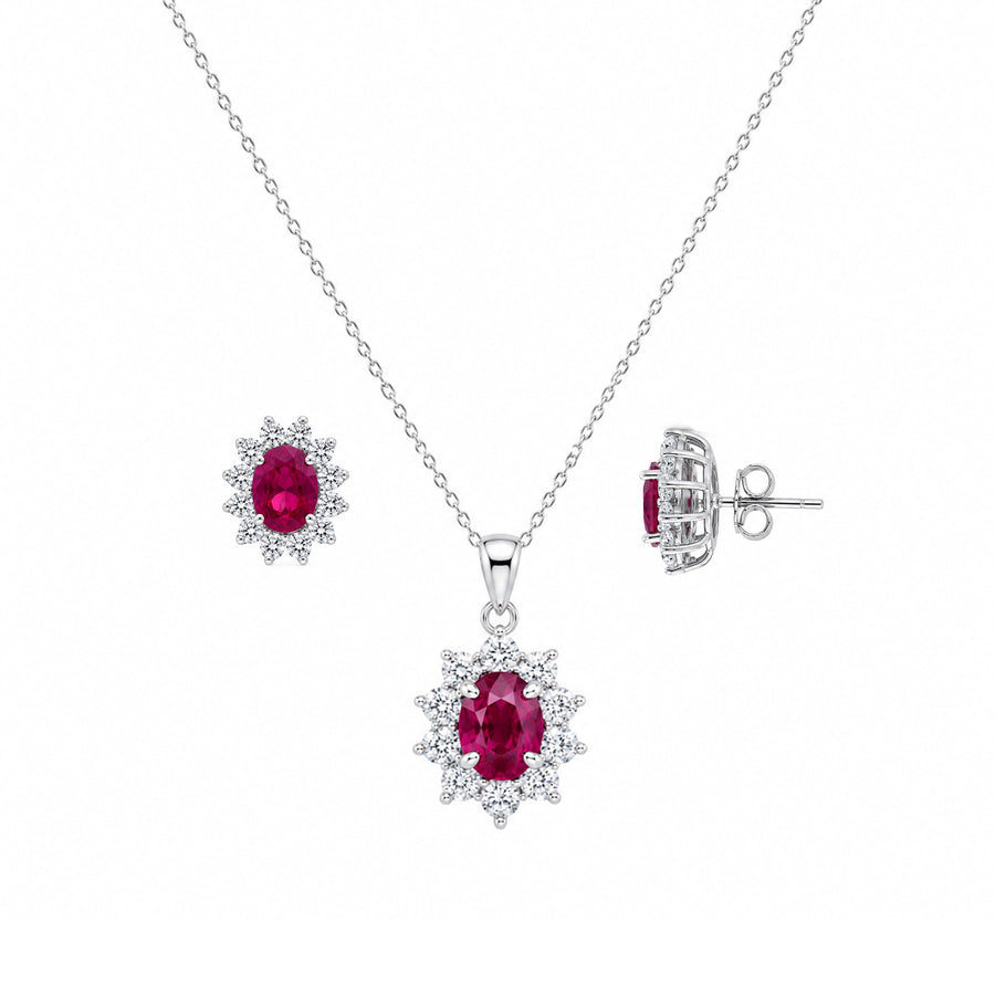 Silver 925 Rhodium Plated Red and Clear Cluster Flower CZ Stud Earring and Dangling Necklace Set - BGS00159