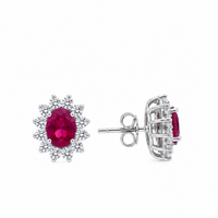 Silver 925 Rhodium Plated Red and Clear Cluster Flower CZ Stud Earring and Dangling Necklace Set - BGS00159
