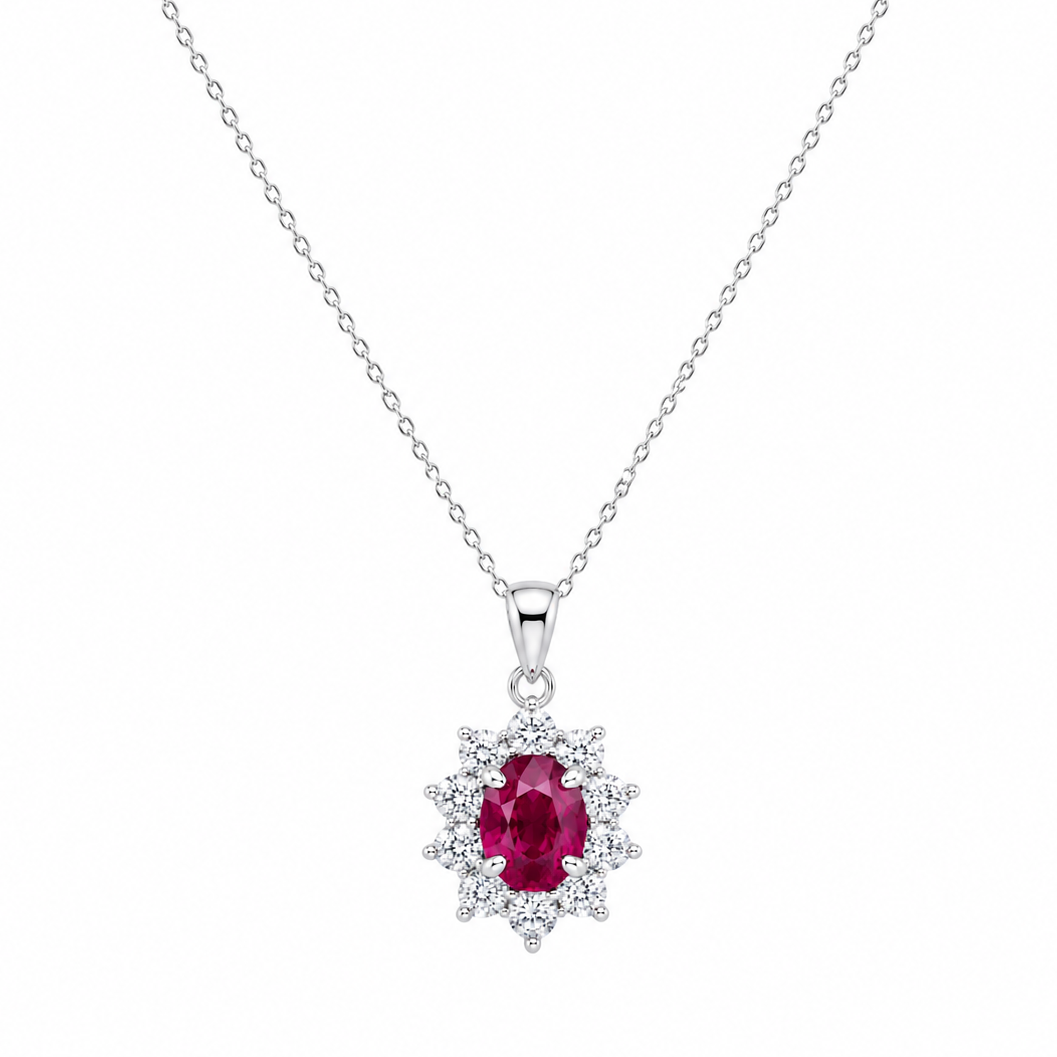 Silver 925 Rhodium Plated Red and Clear Cluster Flower CZ Stud Earring and Dangling Necklace Set - BGS00159