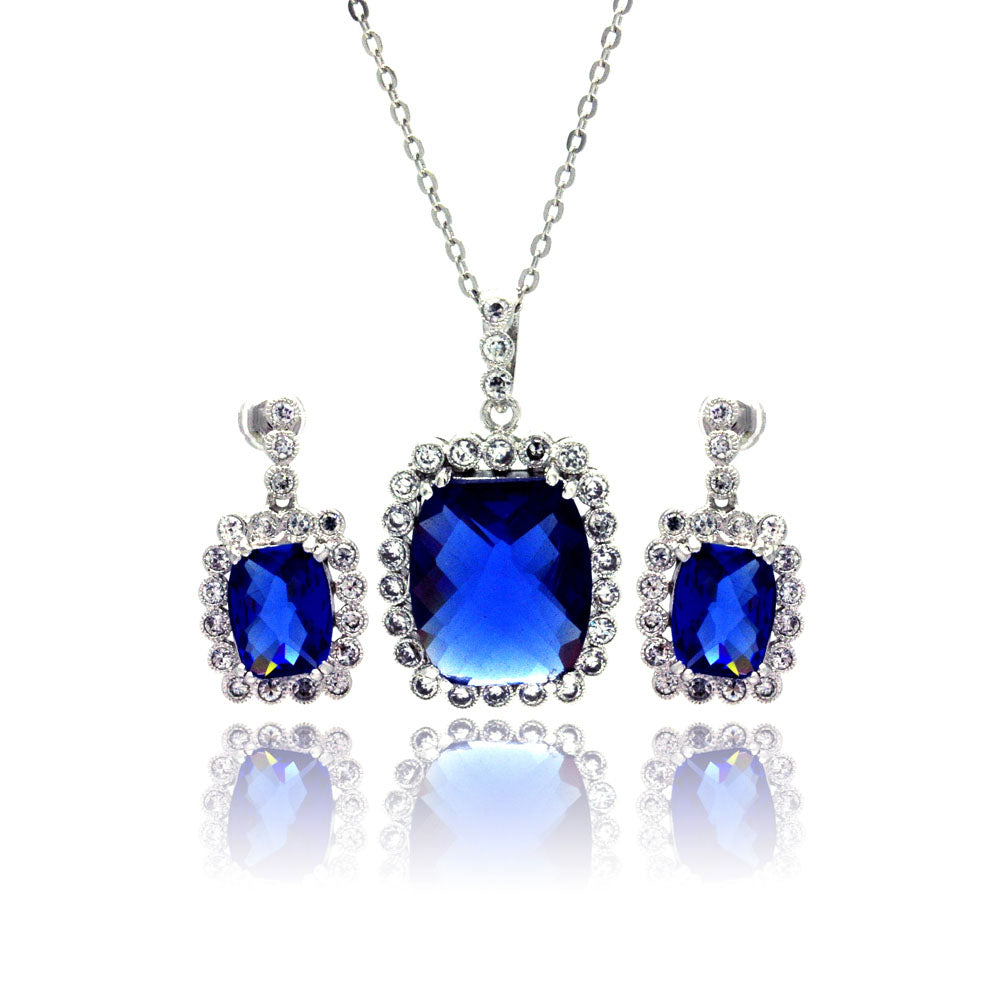 Silver 925 Rhodium Plated Birthstone and Clear Rectangular CZ Dangling Stud Earring and Dangling Necklace Set - BGS00163