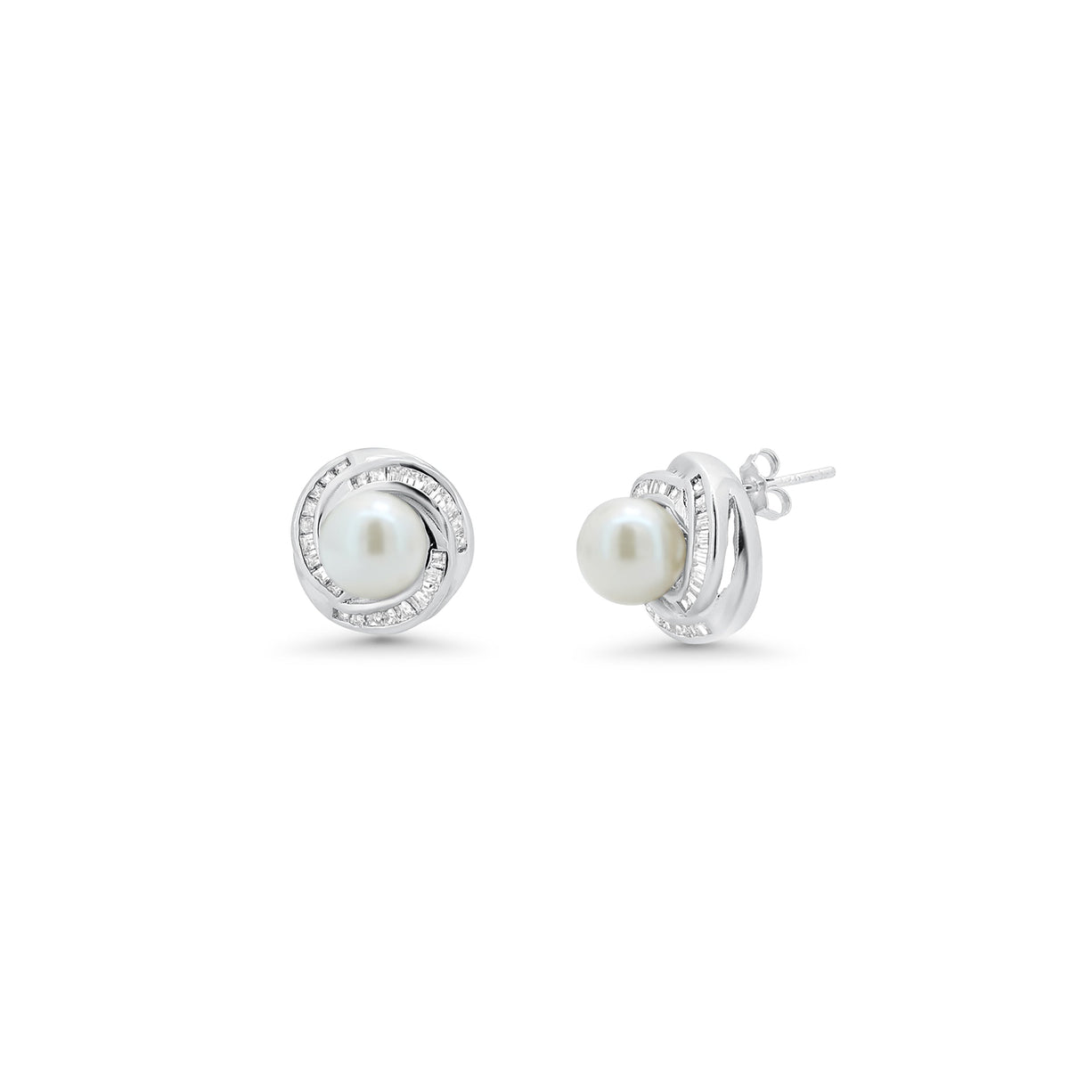 Rhodium Plated 925 Sterling Silver Clear Baguette CZ Pearl Center Stud Earring and Necklace Set - BGS00207