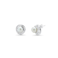 Rhodium Plated 925 Sterling Silver Clear Baguette CZ Pearl Center Stud Earring and Necklace Set - BGS00207