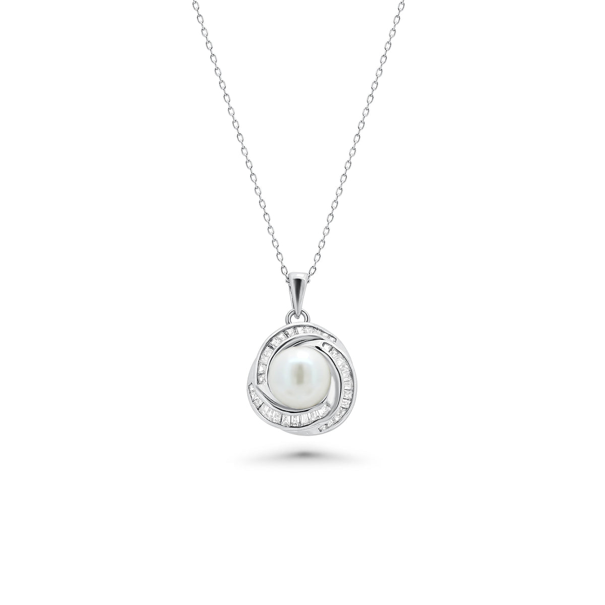 Rhodium Plated 925 Sterling Silver Clear Baguette CZ Pearl Center Stud Earring and Necklace Set - BGS00207