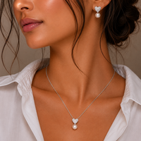 Rhodium Plated 925 Sterling Silver Pearl Clear Heart CZ Hanging Set - BGS00217