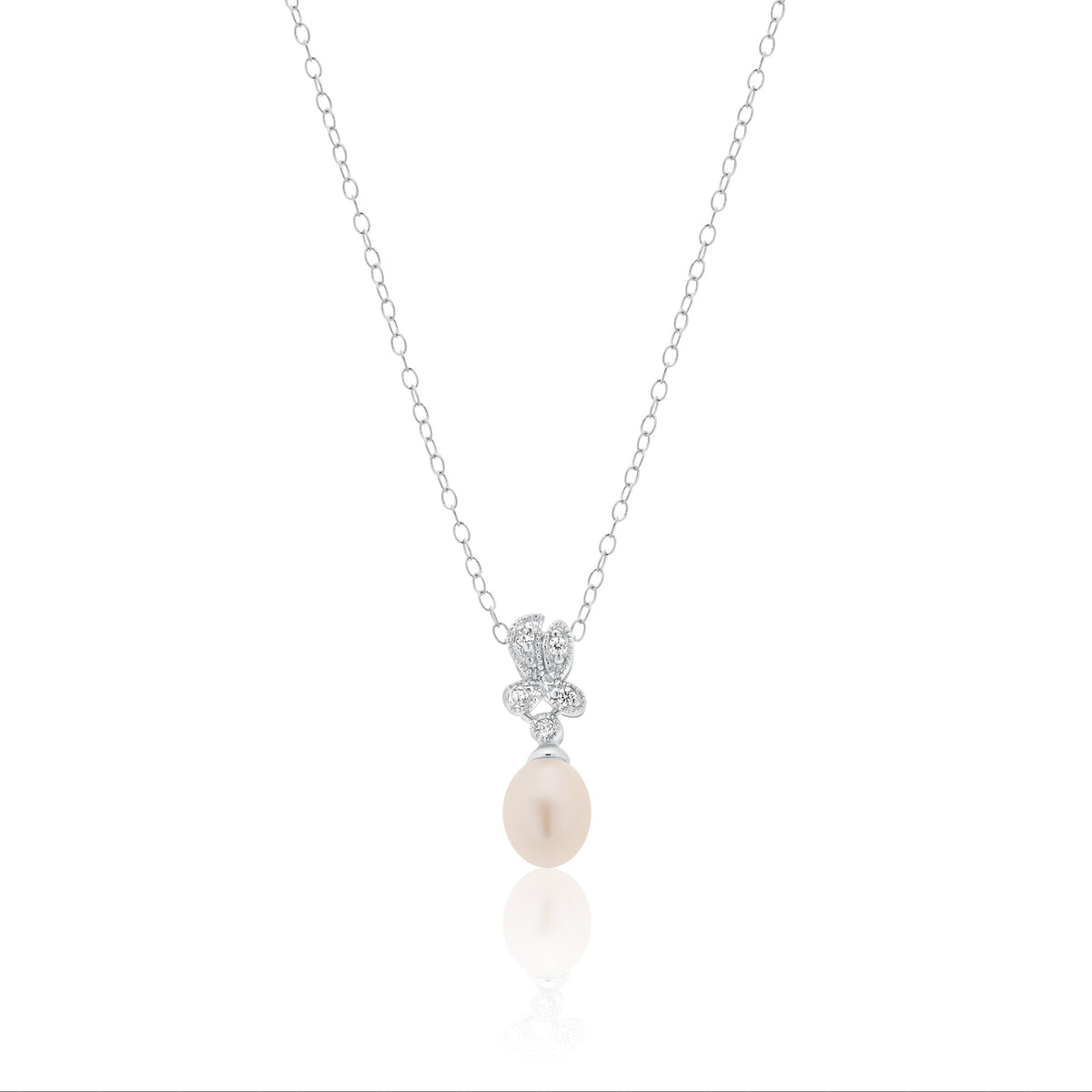 Silver 925 Rhodium Plated Fresh Water Pearl Flower Clear CZ Hanging Set - BGS00242