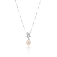 Silver 925 Rhodium Plated Fresh Water Pearl Flower Clear CZ Hanging Set - BGS00242