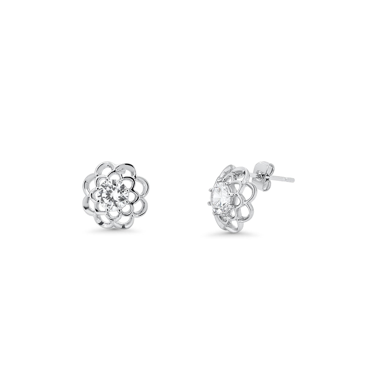 Rhodium Plated 925 Sterling Silver Clear Flower CZ Stud Earring and Necklace Set - BGS00248