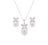 Rhodium Plated 925 Sterling Silver Clear CZ Hanging Pearl Butterfly Set - BGS00319