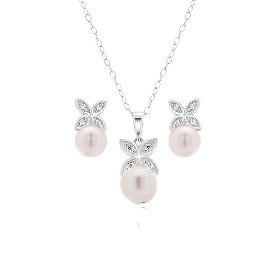 Rhodium Plated 925 Sterling Silver Clear CZ Hanging Pearl Butterfly Set - BGS00319