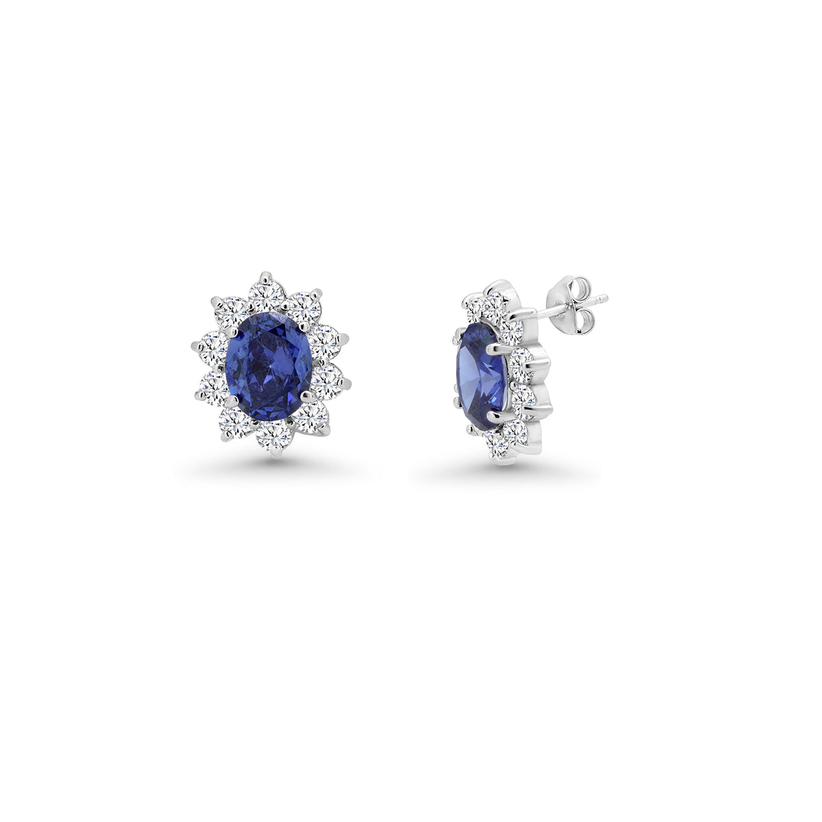 Rhodium Plated 925 Silver Clear & Blue Oval CZ Earring and Necklace Set - BGS00394