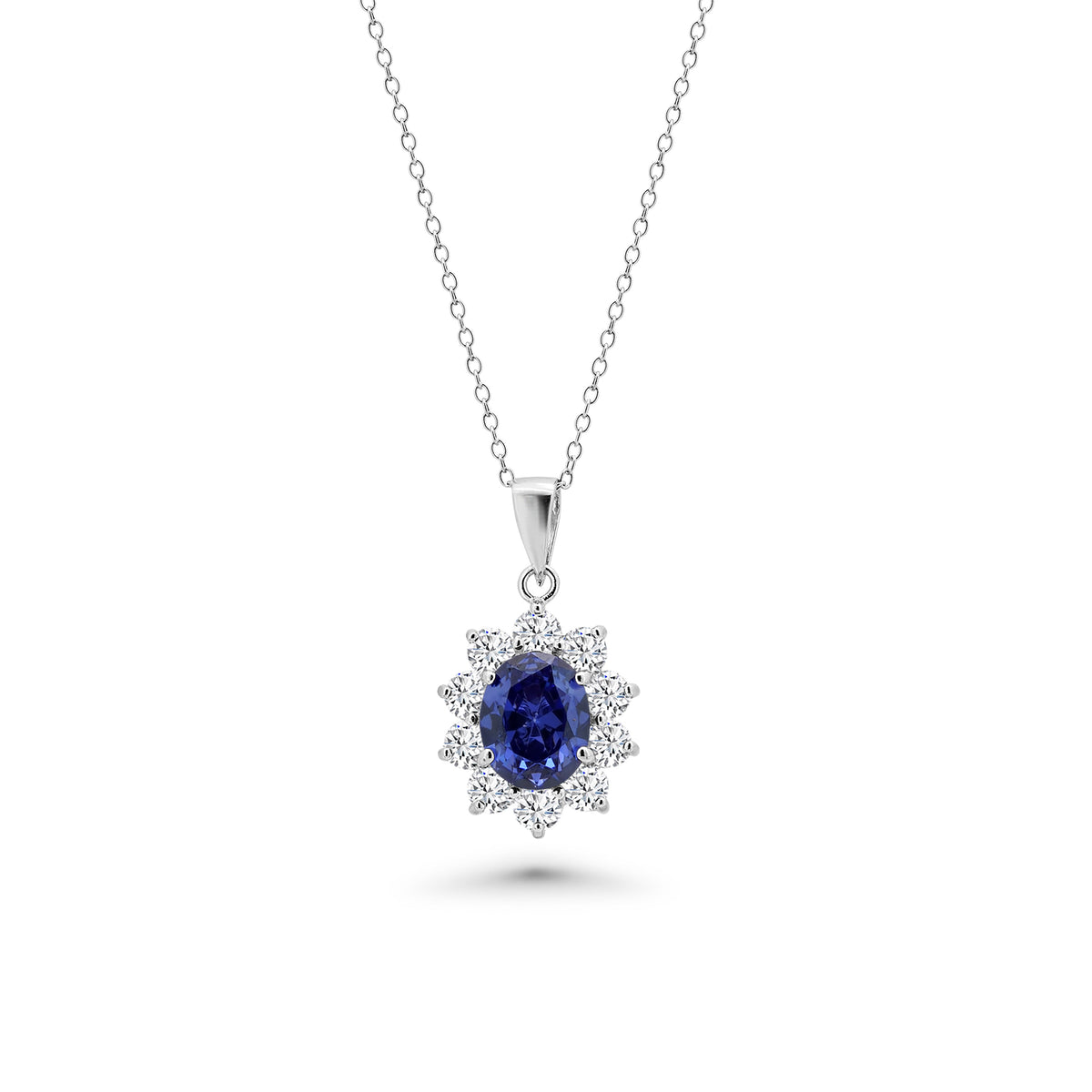 Rhodium Plated 925 Silver Clear & Blue Oval CZ Earring and Necklace Set - BGS00394