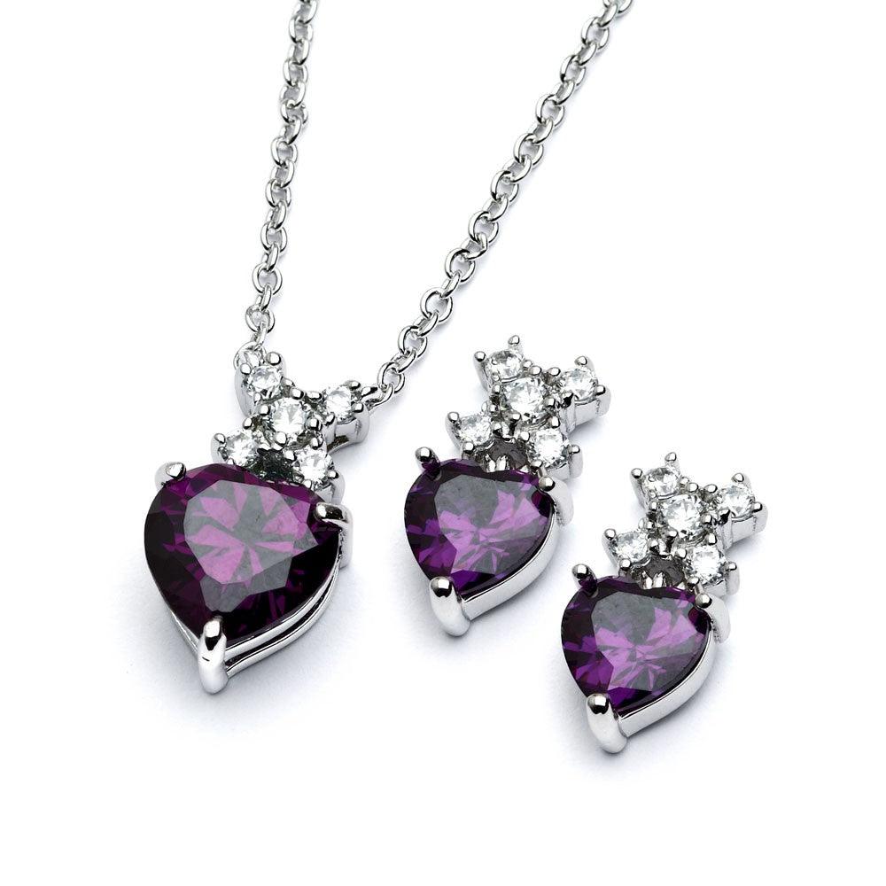 Rhodium Plated 925 Sterling Silver Clear Round & Birthstone Heart CZ Stud Earring and Necklace Set - BGS00399