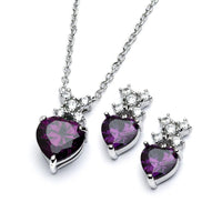 Rhodium Plated 925 Sterling Silver Clear Round & Birthstone Heart CZ Stud Earring and Necklace Set - BGS00399