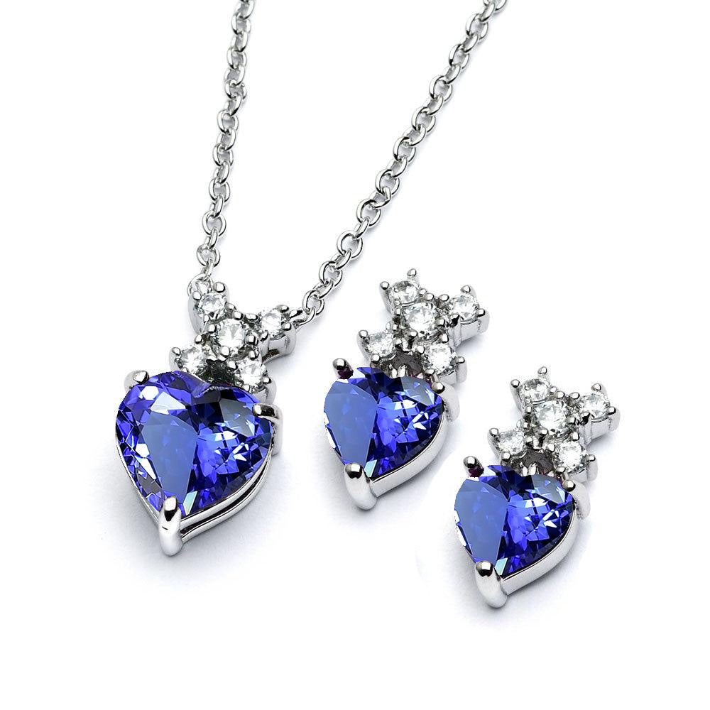 Rhodium Plated 925 Sterling Silver Clear Round & Birthstone Heart CZ Stud Earring and Necklace Set - BGS00399