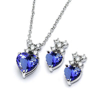 Rhodium Plated 925 Sterling Silver Clear Round & Birthstone Heart CZ Stud Earring and Necklace Set - BGS00399