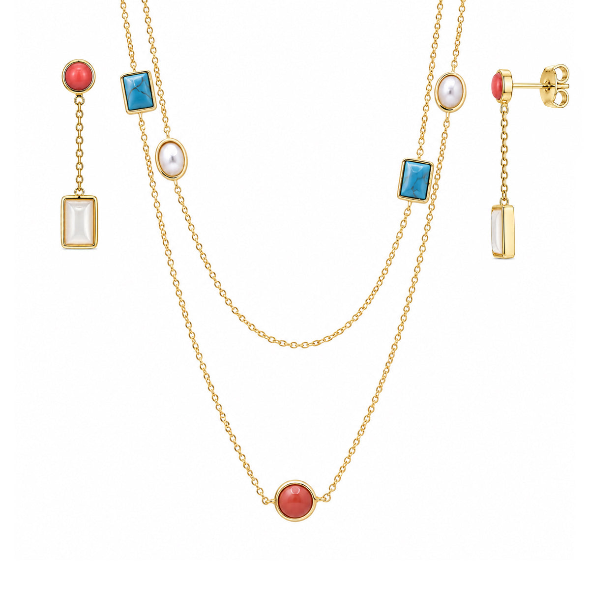 Rhodium or Gold Plated 925 Silver Turquoise Coral White Abalone Shell Dangling Stud Earring and Necklace Set - BGS00416