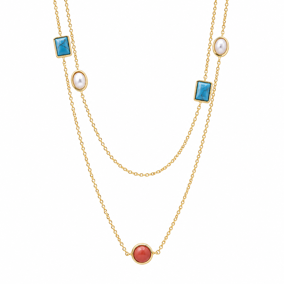 Rhodium or Gold Plated 925 Silver Turquoise Coral White Abalone Shell Dangling Stud Earring and Necklace Set - BGS00416