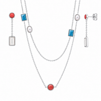 Rhodium or Gold Plated 925 Silver Turquoise Coral White Abalone Shell Dangling Stud Earring and Necklace Set - BGS00416