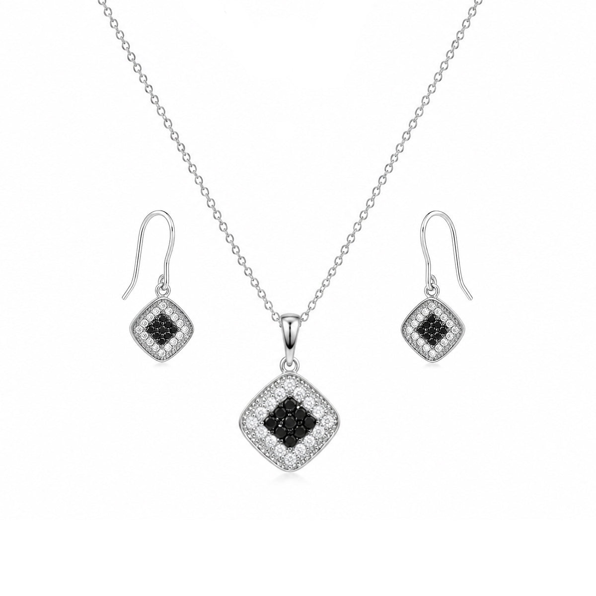 Rhodium Plated 925 Silver Black & Clear CZ Diamond Shaped Earring and Necklace Set - BGS00417