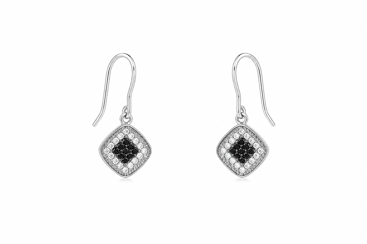 Rhodium Plated 925 Silver Black & Clear CZ Diamond Shaped Earring and Necklace Set - BGS00417