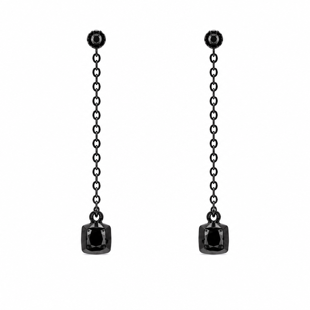 Clearance-Black Rhodium Plated Square CZ Lariat Earring Necklace Set - BGS00425