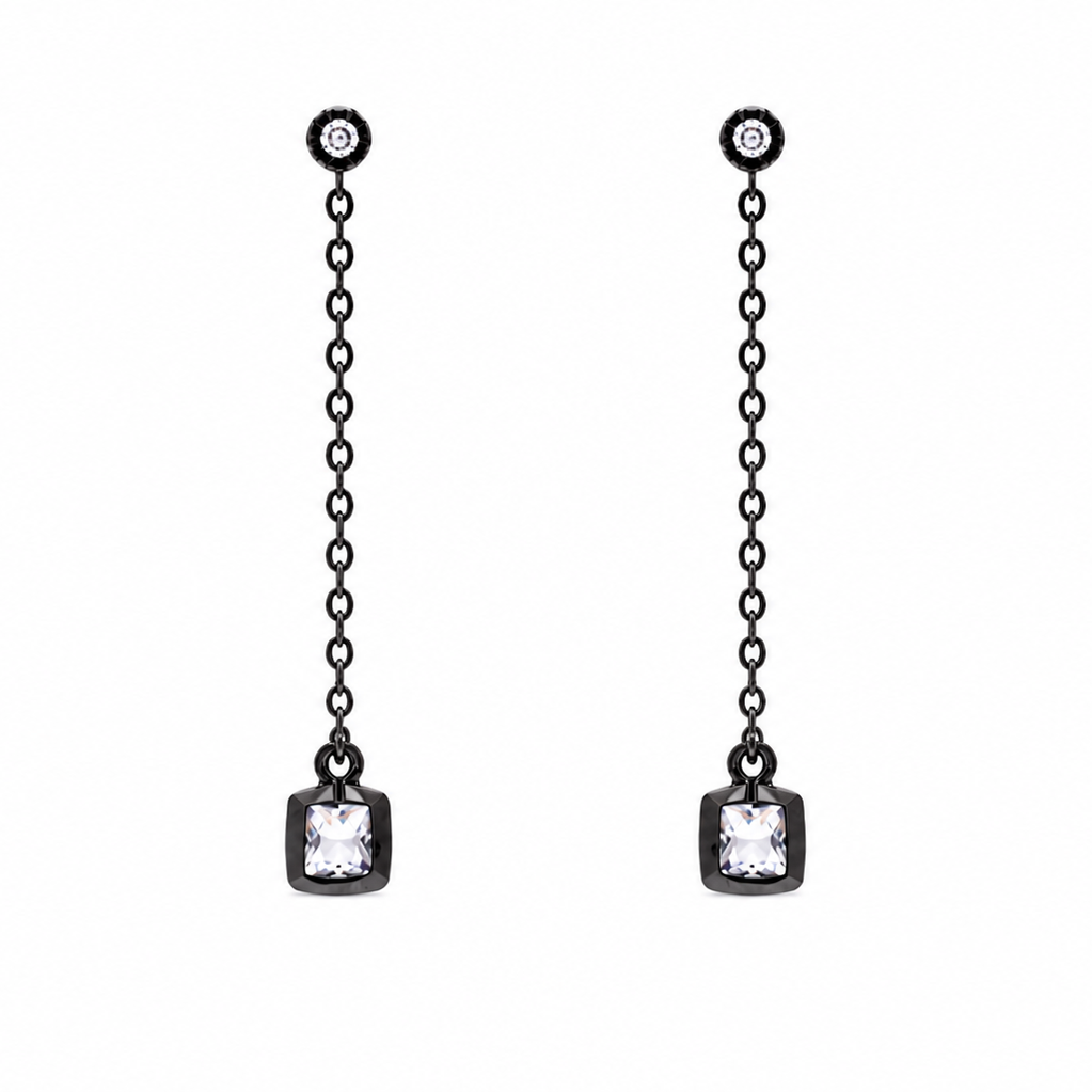 Clearance-Black Rhodium Plated Square CZ Lariat Earring Necklace Set - BGS00425