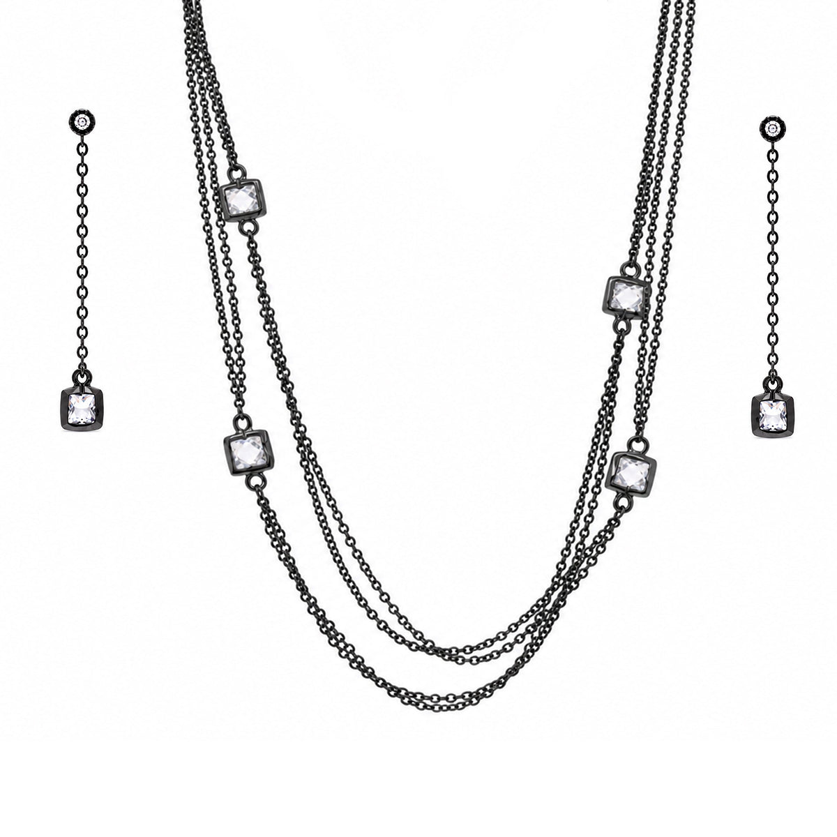 Clearance-Black Rhodium Plated Square CZ Lariat Earring Necklace Set - BGS00425
