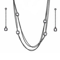 Clearance-Black Rhodium Plated Square CZ Lariat Earring Necklace Set - BGS00425