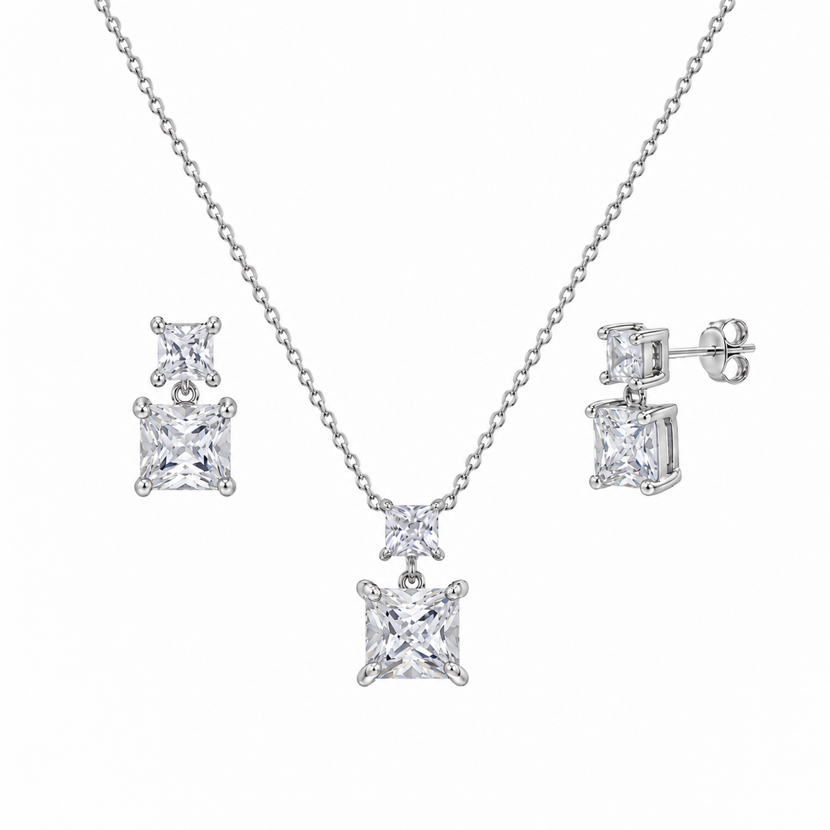 Rhodium Plated 925 Sterling Silver Square Birthstone CZ Earring & Pendant Set  - BGS00439