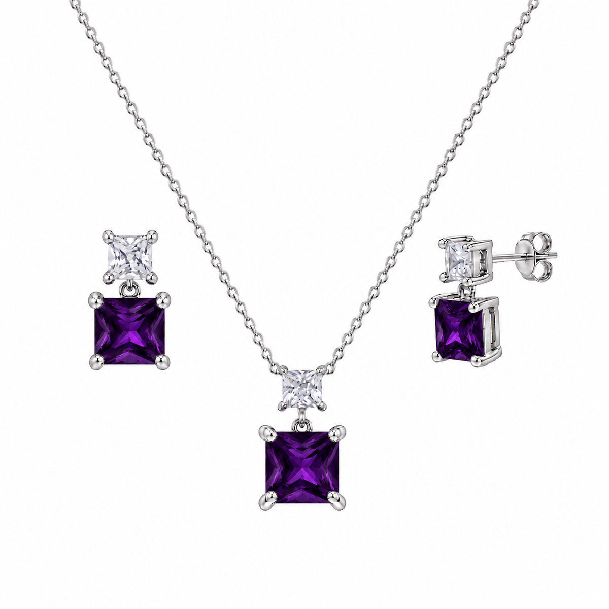 Rhodium Plated 925 Sterling Silver Square Birthstone CZ Earring & Pendant Set  - BGS00439