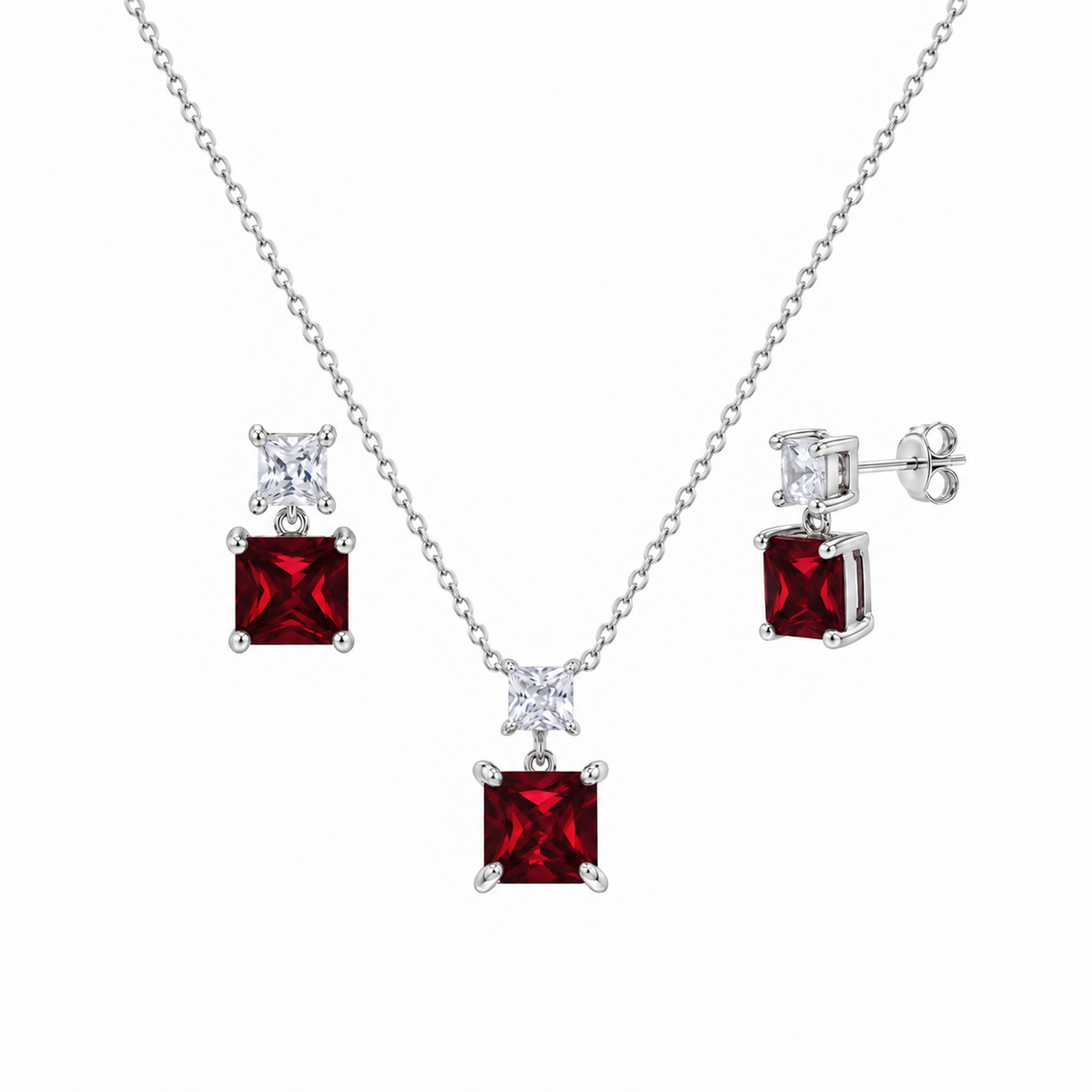 Rhodium Plated 925 Sterling Silver Square Birthstone CZ Earring & Pendant Set  - BGS00439