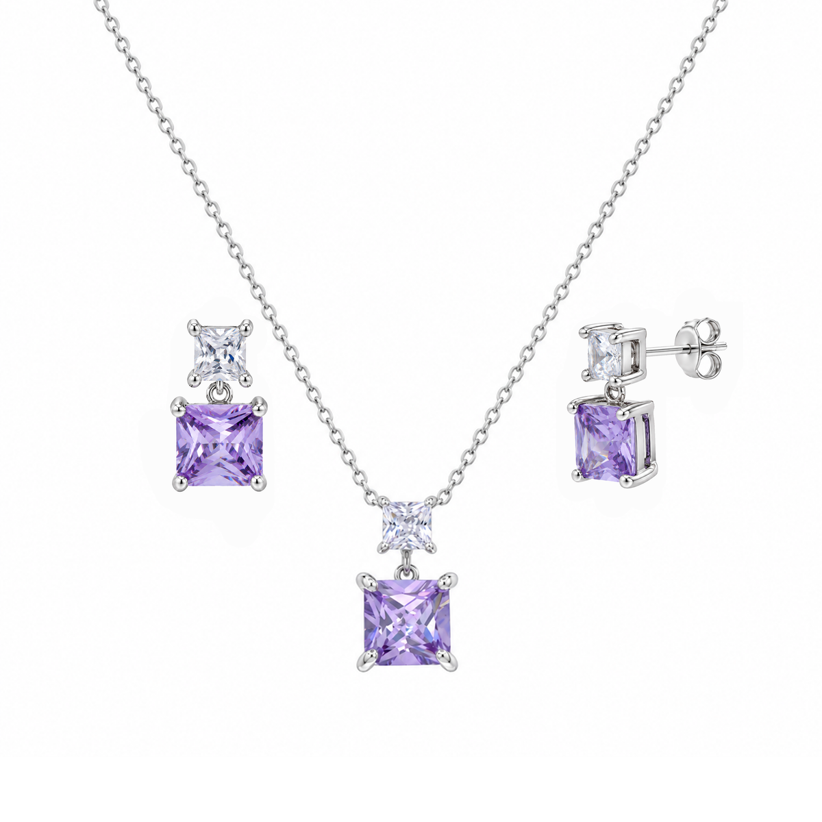 Rhodium Plated 925 Sterling Silver Square Birthstone CZ Earring & Pendant Set  - BGS00439