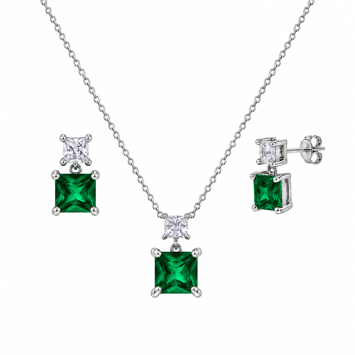 Rhodium Plated 925 Sterling Silver Square Birthstone CZ Earring & Pendant Set  - BGS00439