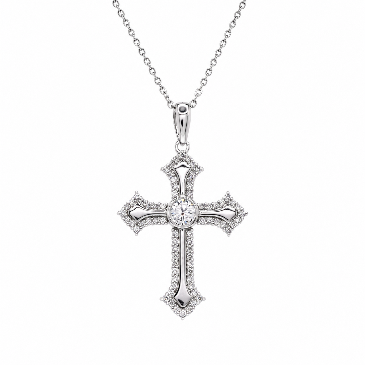 Rhodium Plated 925 Sterling Silver Lab Grown Ornate Cross Pave Filigree Necklace - LGMN00025