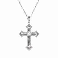 Rhodium Plated 925 Sterling Silver Lab Grown Ornate Cross Pave Filigree Necklace - LGMN00025