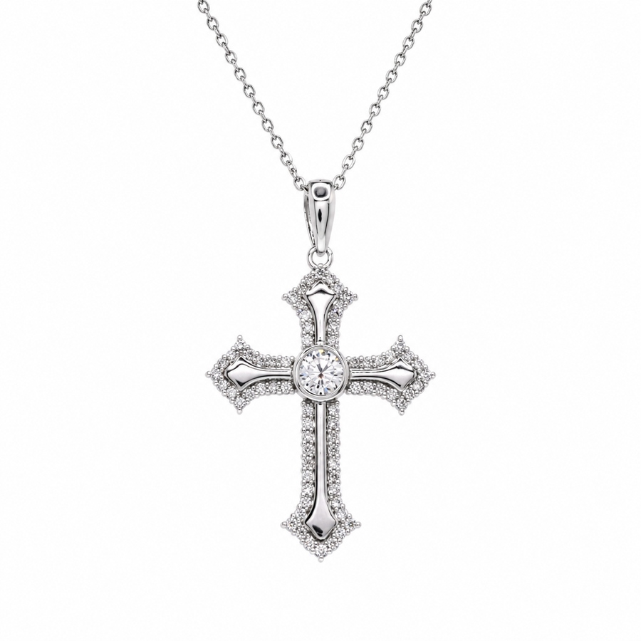 Rhodium Plated 925 Sterling Silver Lab Grown Ornate Cross Pave Filigree Necklace - LGMN00025