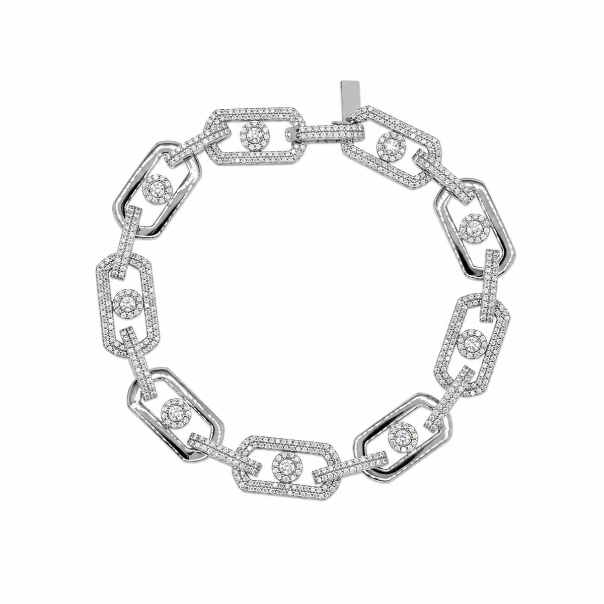 Rhodium Plated 925 Sterling Silver Moissanite Geometric Alternating Link Pave 10.8mm Necklace - MGMB00112