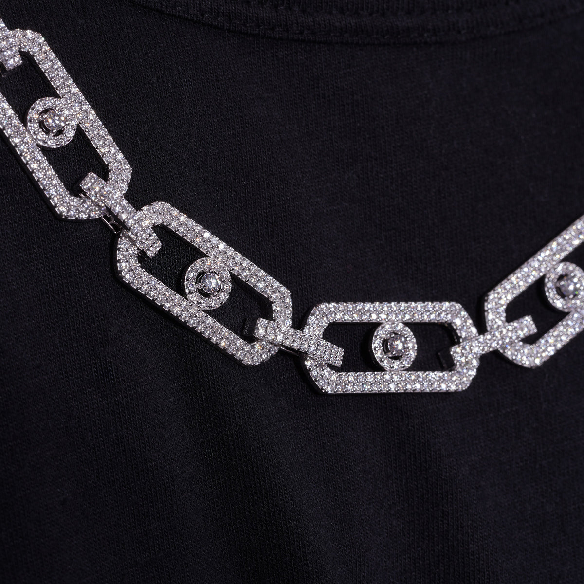 Rhodium Plated 925 Sterling Silver Moissanite Geometric Link Pave 11mm Necklace - MGMN00009