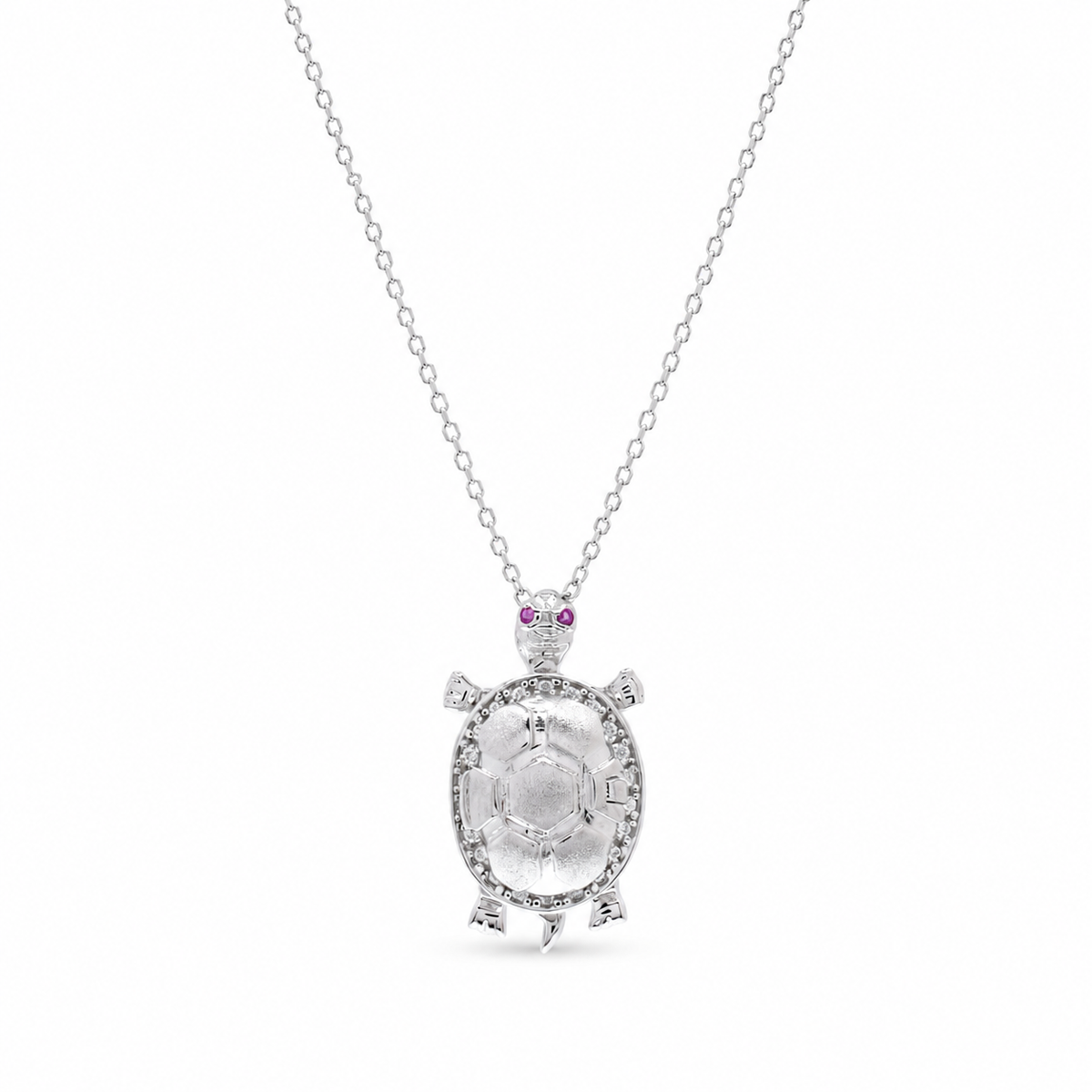 Rhodium Plated 925 Sterling Silver Clear and Red Moissanite Turtle Pendant Necklace - MGMN00030