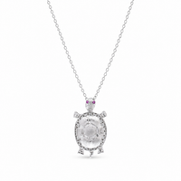 Rhodium Plated 925 Sterling Silver Clear and Red Moissanite Turtle Pendant Necklace - MGMN00030