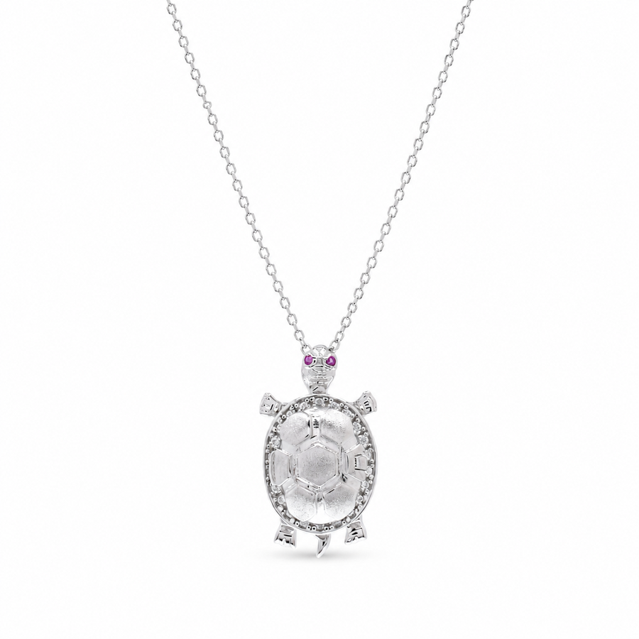 Rhodium Plated 925 Sterling Silver Clear and Red Moissanite Turtle Pendant Necklace - MGMN00030