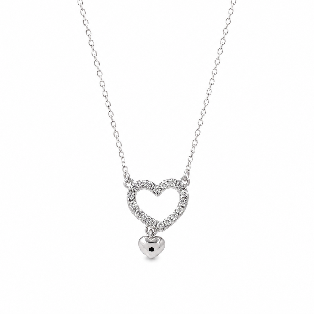 Two-Tone 925 Sterling Silver Moissanite Open Heart Dangling Heart Charm Necklace - MTGN00015