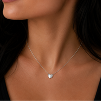 Rhodium Plated 925 Sterling Silver Moissanite Half Pavé Heart Pendant Adjustable Necklace - MTGN00016