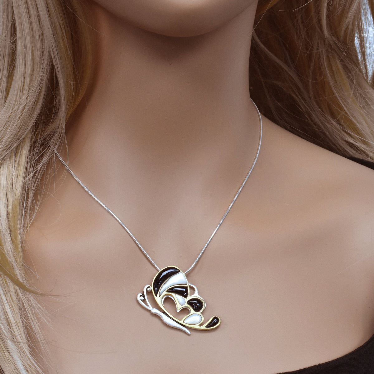 Clearance-Sterling Silver Tri Tone Onyx &  Mother of Pearl Butterfly Pendant - SPP00045