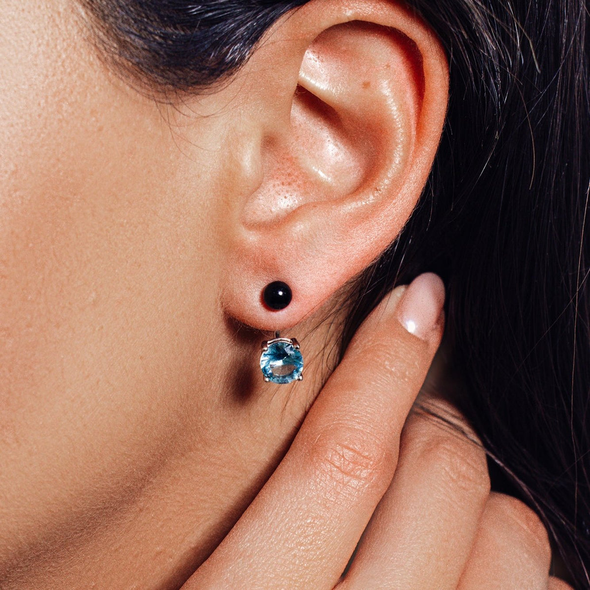 925 Sterling Silver Light Blue CZ Black Synthetic Pearl Front and Back  Earring - STE00999MAR