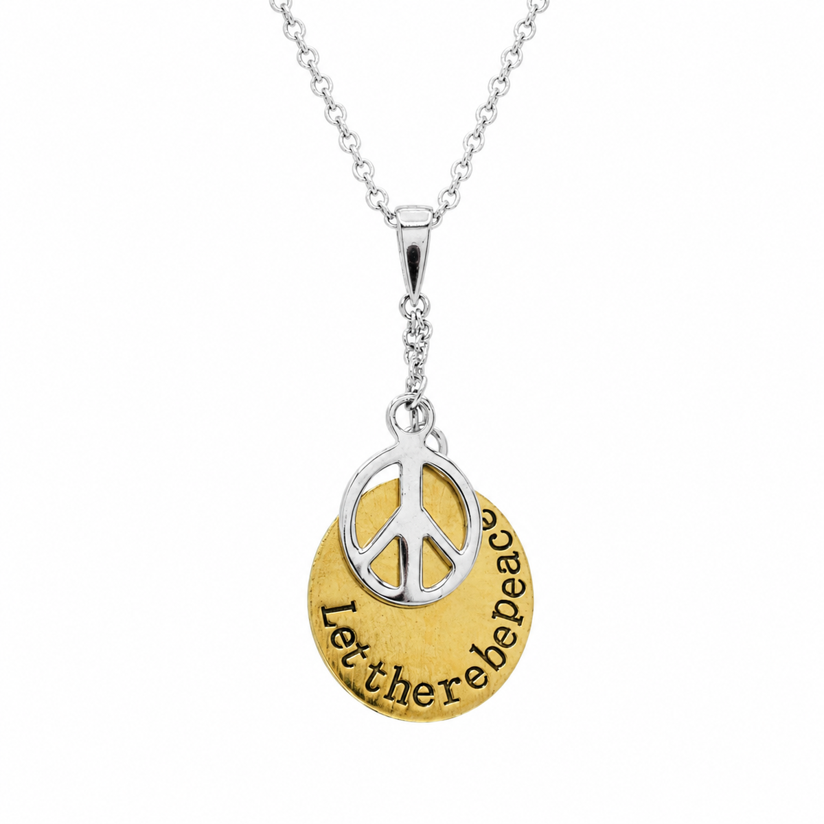 Clearance - Two-Tone 925 Sterling Silver Let There Be Peace Oval Disc Pendant Necklace - STP00868