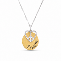 Clearance - Two-Tone 925 Sterling Silver Peace Heart & Oval Disc Pendant Necklace - STP00870