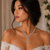 Rhodium Plated 925 Sterling Silver CZ Tear Drop Dangle Bridal Necklace - STP01839